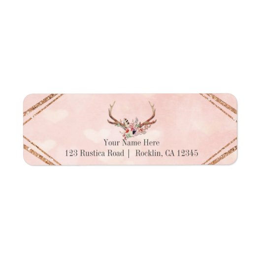 Roze Blush Roze Bloem Herten Geweien Boho Chic Etiket (Voorkant)