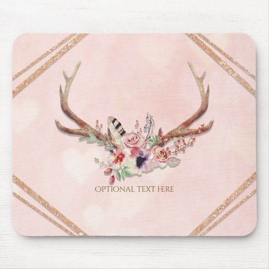 Roze Blush Roze Bloem Herten Geweien Boho Chic Gla Muismat (Voorkant)