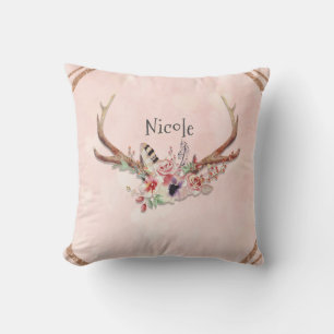 Roze Blush Roze Bloem Herten Geweien Boho Chic Kussen