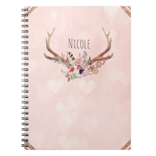 Roze Blush Roze Bloemendekor Herten Geweien Boho C Notitieboek (Voorkant)