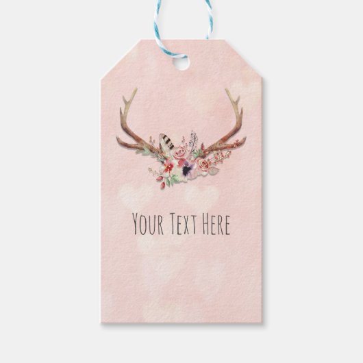 Roze Blush Roze Bloemige Hertengeweien Boho Chic Cadeaulabel (Voorkant)