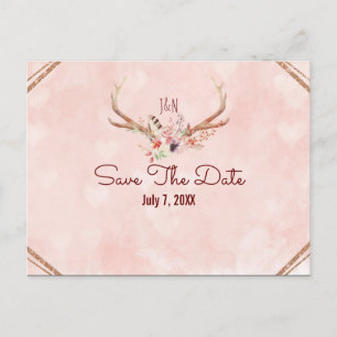 Roze Blush Roze Bloemige Hertengeweien Save The Da Aankondigingskaart