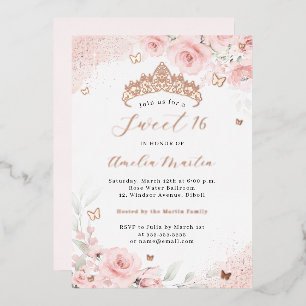 Roze Blush Roze Goud Vlinder Sweet 16 Folie Uitnodiging