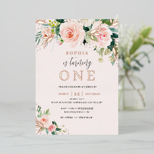 Roze Blush Roze Gouden Bloemen Meisje 1e Verjaarda Folie Uitnodiging