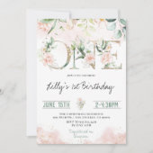 Roze Blush Rozen 1e verjaardag Uitnodiging (Voorkant)