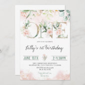 Roze Blush Rozen 1e verjaardag Uitnodiging (Voorkant / Achterkant)