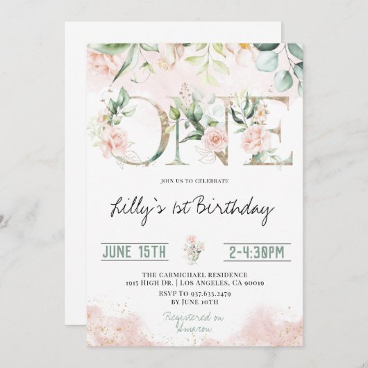 Roze Blush Rozen 1e verjaardag Uitnodiging (Voorkant / Achterkant)