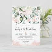 Roze Blush Rozen 1e verjaardag Uitnodiging (Staand voorkant)