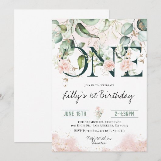 Roze Blush Rozen 1e verjaardag Uitnodiging (Voorkant / Achterkant)