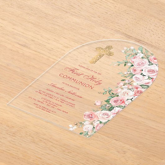 Roze Blush Rozen Arch Eerste Communie Acryl Uitnodigingen (Laagn)