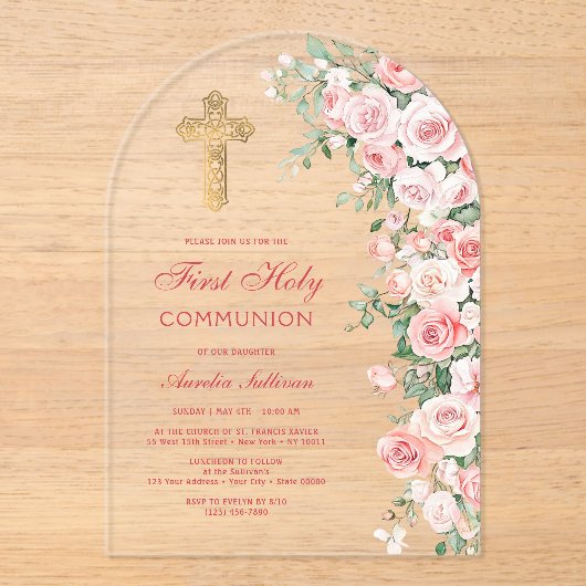 Roze Blush Rozen Arch Eerste Communie Acryl Uitnodigingen (Voorkant)