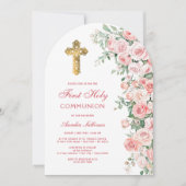 Roze Blush Rozen Arch Eerste Communie Kaart (Voorkant)
