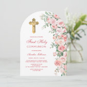 Roze Blush Rozen Arch Eerste Communie Kaart (Staand voorkant)