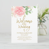 Roze Blush Rozen Bloemig Gouden Huwelijksprogramma Kaart (Staand voorkant)