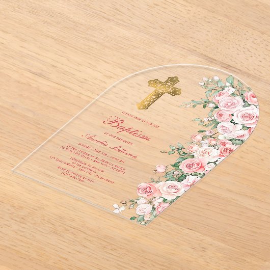 Roze Blush Rozen Boog Doop Acryl Uitnodigingen (Laagn)