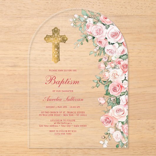 Roze Blush Rozen Boog Doop Acryl Uitnodigingen (Voorkant)