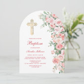 Roze Blush Rozen Boog Doop Kaart (Staand voorkant)