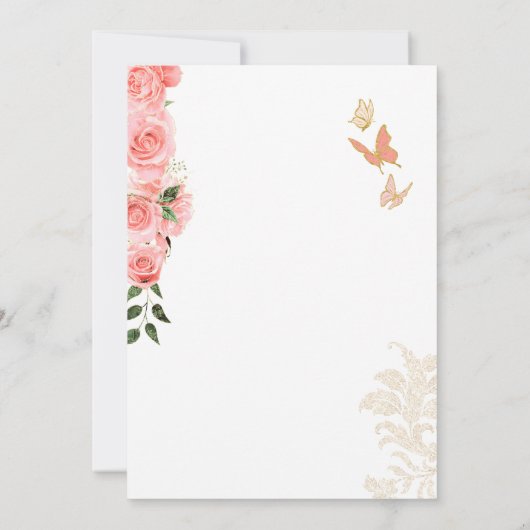 Roze Blush Rozen Elegant Butterfly Quinceanera Inv Kaart (Achterkant)