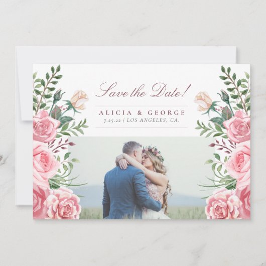 Roze blush rozen foto bruiloft opslaan van de datu save the date (Voorkant)