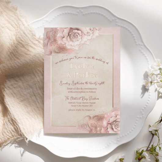 Roze & Blush Rozen met Roos Gouden Bruiloft Folie Uitnodiging