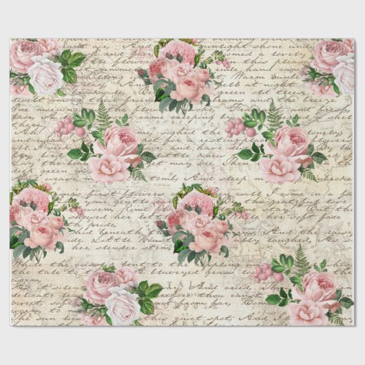 Roze Blush Rozen Oude Brief Decoupage  Cadeaupapier (Vlak)