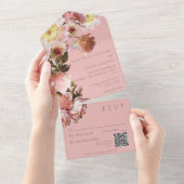 Roze Blush Rozen QR-code All In One Uitnodiging (Afscheurbaar)