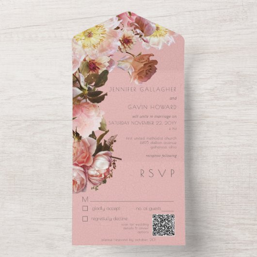 Roze Blush Rozen QR-code All In One Uitnodiging (Binnen)