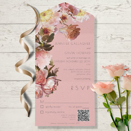 Roze Blush Rozen QR-code All In One Uitnodiging