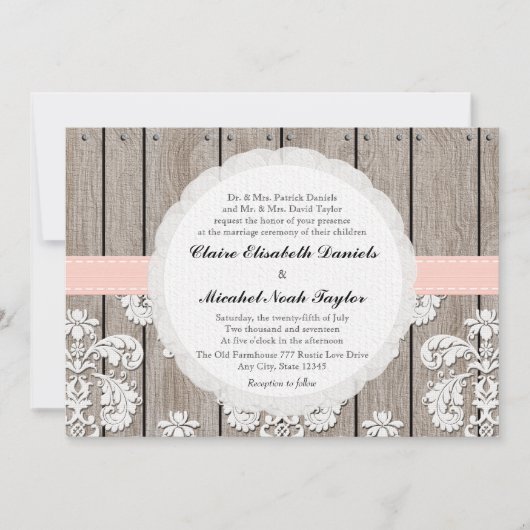 Roze blush Rustic Wood Lace Wedding Invitations Kaart (Voorkant)