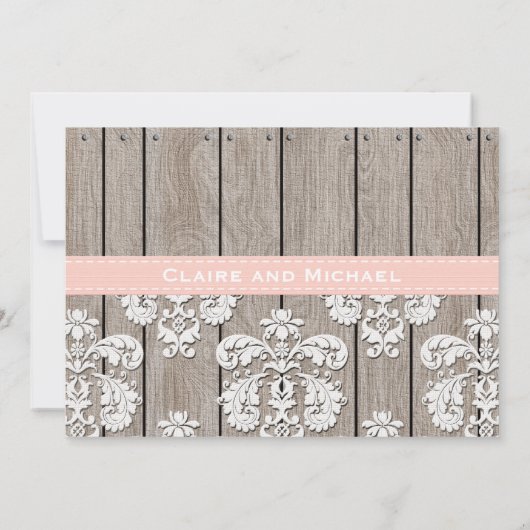 Roze blush Rustic Wood Lace Wedding Invitations Kaart (Achterkant)