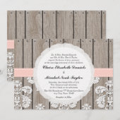 Roze blush Rustic Wood Lace Wedding Invitations Kaart (Voorkant / Achterkant)