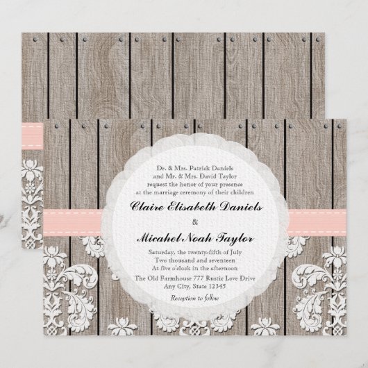Roze blush Rustic Wood Lace Wedding Invitations Kaart (Voorkant / Achterkant)
