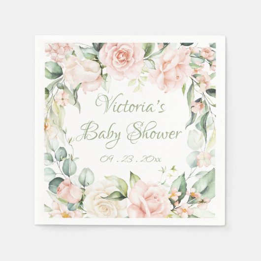 Roze Blush Sage Floral gepersonaliseerd Baby showe Servet (Voorkant)
