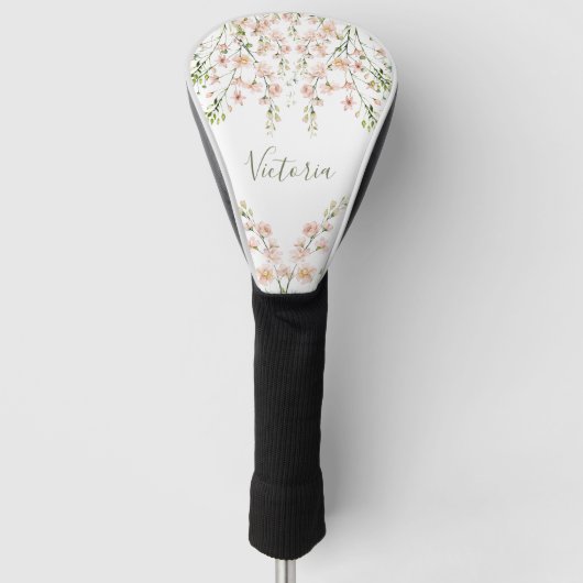 Roze Blush Sage Floral Name Script Wildbloemen Golfheadcover (Voorkant)