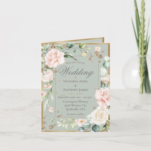Roze Blush Sage Waterverf Romantic Floral Wedding (Voorkant)