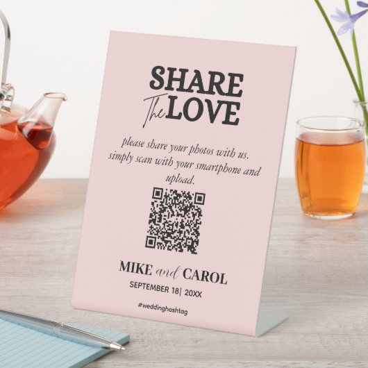 Roze Blush Share The Love Photo Qr Code Weddenscha Reclamebord Met Voetstuk (Insitu)