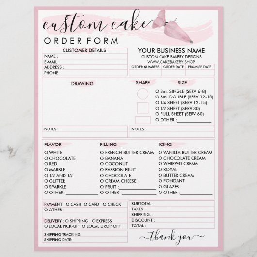 Roze Blush Soft Bakery Cake Order Form Flyer (Voorkant)