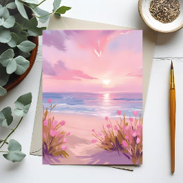 Roze Blush Strand Zonsondergang Pastel Waterverf Briefkaart