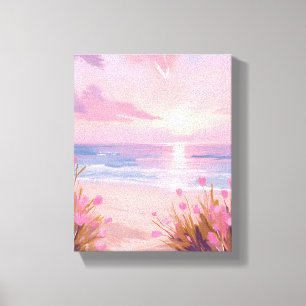 Roze Blush Strand Zonsondergang Pastel Waterverf Canvas Afdruk