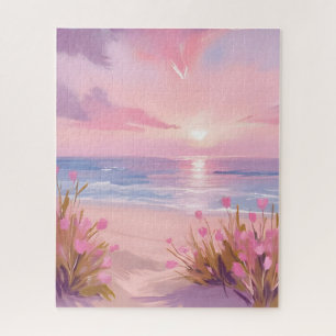 Roze Blush Strand Zonsondergang Pastel Waterverf Legpuzzel