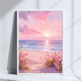 Roze Blush Strand Zonsondergang Pastel Waterverf Poster