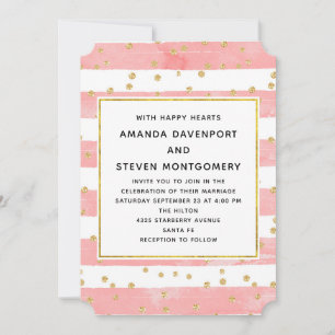 Roze Blush Strepen met Gouden Confetti Bruiloft Kaart