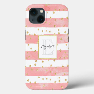 Roze Blush Strepen   Nep Gouden Confetti iPhone 13 Hoesje