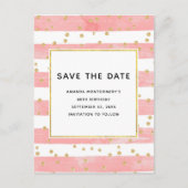Roze Blush Stripes en Gold Confetti Save the Date Uitnodiging Briefkaart (Voorkant)