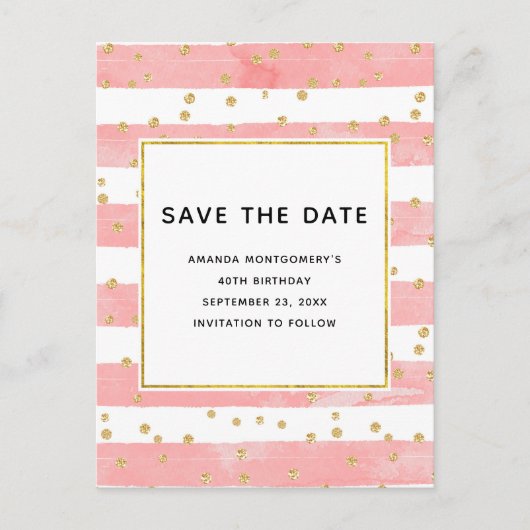 Roze Blush Stripes en Gold Confetti Save the Date Uitnodiging Briefkaart (Voorkant)