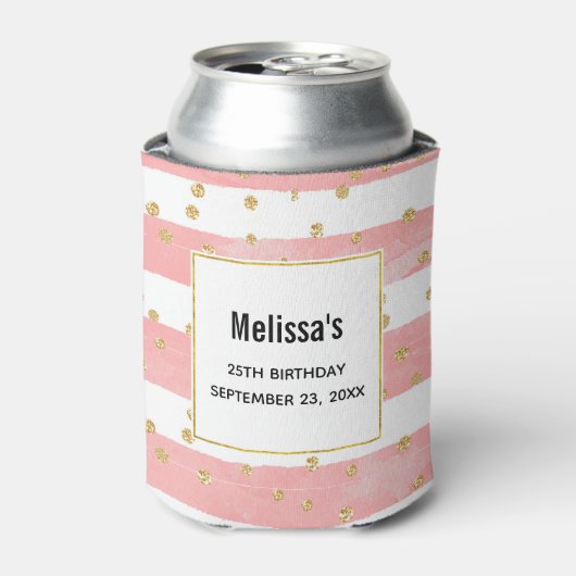 Roze Blush Stripes | Faux Gold Confetti Birthday Blikjeskoeler (Blikje Voorkant)