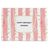 Roze Blush Stripes | Faux Gold Confetti Birthday Groot Cadeauzakje (Voorkant)