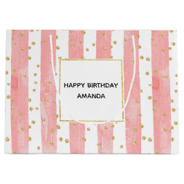 Roze Blush Stripes | Faux Gold Confetti Birthday Groot Cadeauzakje