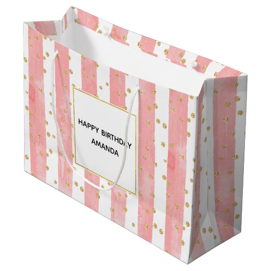 Roze Blush Stripes | Faux Gold Confetti Birthday Groot Cadeauzakje (Voorkant Gekanteld)