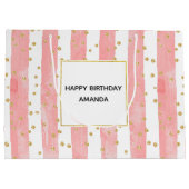 Roze Blush Stripes | Faux Gold Confetti Birthday Groot Cadeauzakje (Achterkant)